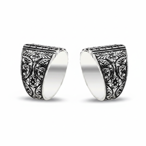 925K Sterling <b>Silver</b> Art Design Carved Turkish <b>Men</b> Zircon <b>Ring</b> Handmade - Product Image 2