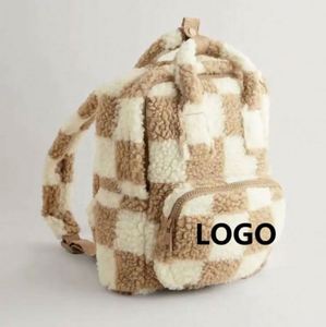 Customized Lambwool Fur <b>Backpack</b> <b>Kids</b> Neutral Check <b>Backpack</b> <b>Kids</b> Plush <b>Backpacks</b> - Product Image 1