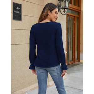 Blusa de Mujer de Manga Larga con Cuello Asimétrico, Top de Gasa para Trabajo, Casual o Elegante, Camisa de Otoño con Manga Globo y Elástico - Product Image 4