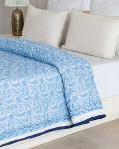 Indian Hand Block Print Blue Cotton <b>Quilt</b> Floral Bedspread Queen Comforter Reversible Lightweight Blanket - Product Image 2