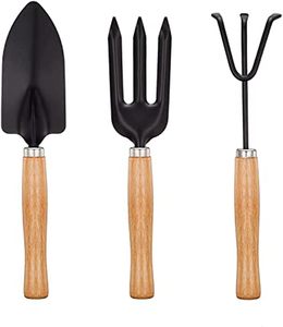 Mini ensemble d'outils de jardinage en trois pièces avec manche en bois, spatule, pelle, râteau pour le jardinage à domicile et les pots de fleurs - Product Image 1