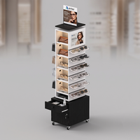 Présentoir optique en bois sur mesure pour salon professionnel, présentoir à lunettes et lunettes de soleil avec roulettes et boîte de rangement