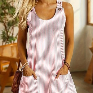 European American Style Summer Natural Breathable Mini A-Line Anti-Static Casual Dress Skirt Neck Pocket Striped <b>Suspenders</b> - Product Image 1