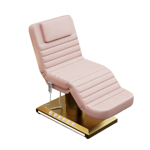 Lit d'extension électrique à trois moteurs avec base imitation bois et revêtement en velours, lit de massage, spa, soins du visage et extensions de cils, avec commande au pied et lampe LED - Product Image 6