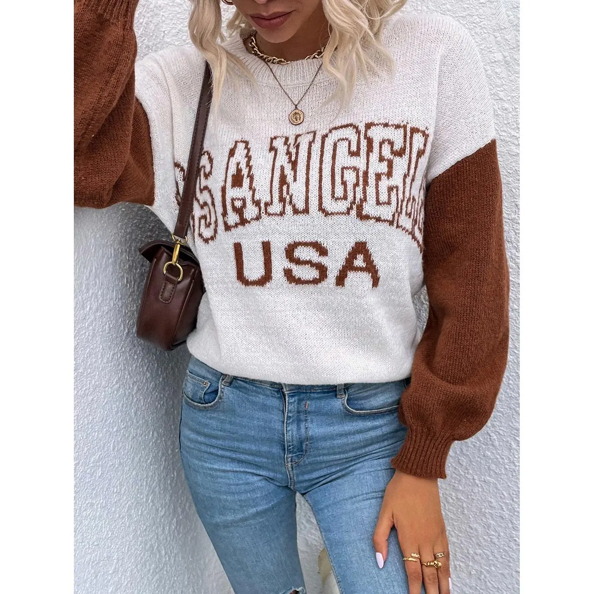 Good Quality Pullover Brown Sleeve Sweater USA Warehouse White Knitted Sweater Women Letter Sweater