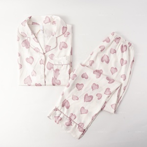 Vêtements de nuit en coton et élasthanne à imprimé cœur pour femmes, ensemble de pyjama à manches longues boutonnées, tissus respirants tissés - Product Image 2