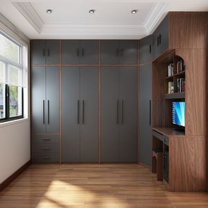 Armoire en forme <span class=keywords><strong>de</strong></span> L en noyer gris avec bureau d'angle intégré, étagères et tiroirs, montage facile, taille personnalisée, placard <span class=keywords><strong>de</strong></span> chambre du sol au plafond - Product Image 2