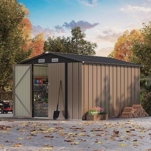 Vente flash : abri de rangement pour outils et vélos en acier galvanisé 10x12 pieds, durable, imperméable, portes doubles, montage facile, anti-rongeurs - Product Image 1