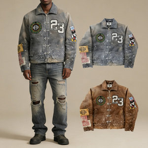 Giacca in Denim Vintage Personalizzata OEM Streetwear con Patch Ricamate <span class=keywords><strong>Oversize</strong></span> per Uomo - Product Image 1