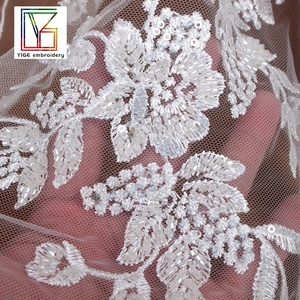 Factory <span class=keywords><strong>Outlet</strong></span> 100% poliéster de lujo con cuentas de cristal lentejuelas patrón Floral bordado vestido de novia tela de encaje - Product Image 5