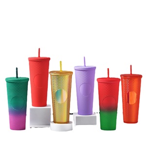 24 oz doble pared mate rosa amarillo enjoyado diamante plástico acrílico tachonado vaso con pajita - Product Image 5
