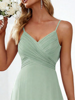 Robe de Demoiselle d'Honneur Élégante en Mousseline Vert Sauge Joydressing, Col en V Sexy, Plissée et Froncée, Robe Longue de Soirée, Vente en Gros Personnalisée