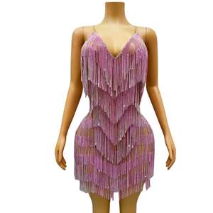 Vestido Mini Sexy com Correntes de Strass para Festa em Clube Noturno, Alças Finas, Costas Descobertas, Vestido Envolvente para Dança Latina - Product Image 1
