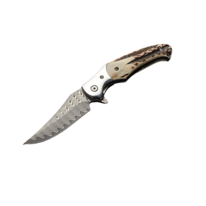 Cuchillo Plegable de Caza de Doble Hoja de Acero de Damasco de Grado Industrial Hecho a Mano con Mango de Madera y Patrón de Hoja Único OEM - Product Image 1