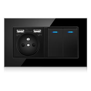 Pannello in vetro temperato di cristallo 146*86mm 2 Gang 1 vie interruttore luce a parete Standard europa presa francese Standard - Product Image 1