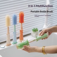 Kit de brosses en silicone 3-en-1 pour biberons, nettoyeur portable pour sucettes et pailles, base de support, brosse de nettoyage profond à 360° pour tasses