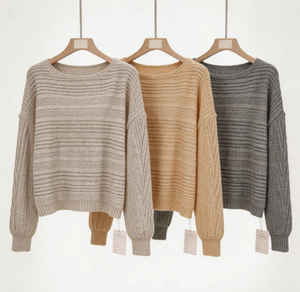 Suéter de punto holgado para mujer con cuello barco, a rayas, textura mixta, manga farol trenzada, puños <span class=keywords><strong>y</strong></span> bajo acanalados, color avena - Product Image 2