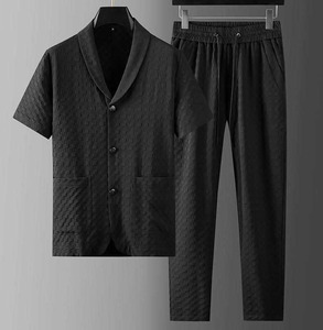 Abiti estivi a <span class=keywords><strong>maniche</strong></span> <span class=keywords><strong>corte</strong></span> Casual e traspirante alla moda camicie con bottoni con bottoni a scacchi da corsa Comfort Set da <span class=keywords><strong>uomo</strong></span> in due pezzi - Product Image 2