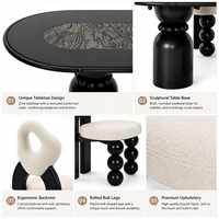 Ensemble de table à manger noire post-moderne de luxe, table ovale sur piétement sculptural, 4 chaises rembourrées pour hôtel, villa, projet