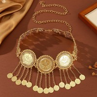 Ceinture en métal sculpté style arabe, couleur or, avec strass carrés et franges en forme de goutte, pour robe de soirée femme