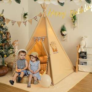Imprimir Gingham Kids Play Tent Play House Toys Carpa tipi para niños pequeños con alfombrilla acolchada Bunting Banner Fairy Lights - Product Image 3