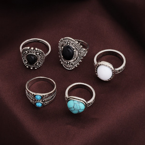 Juego de Anillos de Moda, 5 Piezas, Turquesa, Negro, Blanco, con Incrustaciones de Piedras, Unisex, Regalo, Joyería - Product Image 1