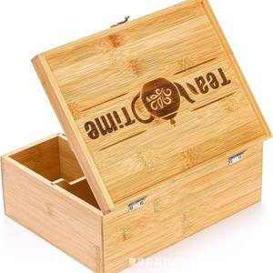 <b>Tea</b> Bag Storage <b>Box</b> Wooden Rectangular Compartmentalized Desktop Organizer With Flip Top Cover Natural Wood Color - Product Image 4