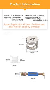 Conector Tres en Uno para Muebles: Tornillo de Fijación con Cono y Tuerca para Ensamblaje de Paneles de Gabinetes - Product Image 2