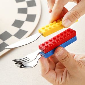 Cross-border <b>Building</b> <b>Block</b> Wheat Straw Eco-Friendly Simple Style Children's Knife Fork Spoon <b>Set</b> Assembled Western Portable - Product Image 3