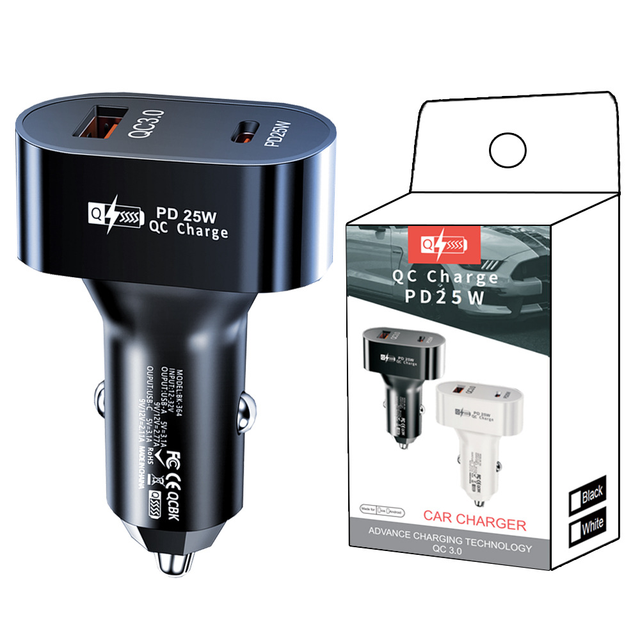 CE ROHS FCC FireProof Dual Ports QC3.0 25W USB-C PD Fast Quick Charger GAN Car Charger for Samsung for Huawei Xiaomi-25W Car Cha