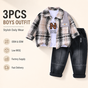 Conjunto de 3 Piezas para Niños: Camisa a Cuadros, Camiseta y Pantalones de Mezclilla, Atuendo Casual Infantil, Camisa de Manga Larga a Cuadros, Traje de Jeans, OEM, ODM, Venta al Por Mayor - Product Image 1