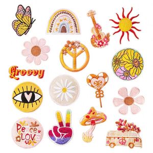 Iron on Embroidered Pink/Yellow Style butterfly rainbow Sun Flower Lollipop Guitar Patches for Clothes Bag Decoration - Product Image 1