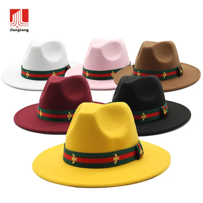 High quality wool feel wide brim hat women men unisex custom wholesale solid with bee ribbon felt wool fedora hats