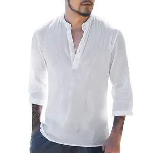 새로운 패션 남성 봄 가을 코튼 단색 문자 버튼 스탠드 칼라 3 분기 슬리브 탑 블라우스 캐주얼 셔츠