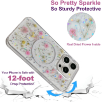 Coque de téléphone sans fil magnétique antichoc en TPU avec fleurs séchées et paillettes, style coréen, pour femmes, compatible avec 17 Pro, 16 Pro Max, 15 Plus
