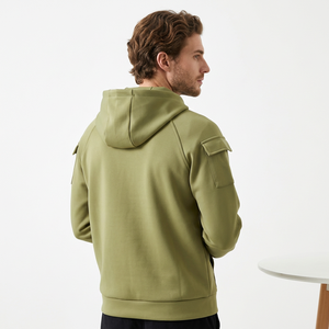 Sweat-shirt à capuche mi-zippé vert olive pour homme, en molleton, vêtement de travail, avec poche avant, cordon de serrage réglable, 100% coton, 380g - Product Image 4