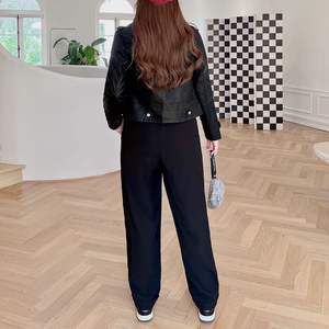 Pantalon décontracté taille haute à jambes larges pour femmes grandes tailles, noir, avec sangle Velcro, N8454 - Product Image 3