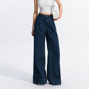أزياء المرأة عالية الخصر تنفس جيب مطوي واسع الساق الجينز فضفاضة تنوعا متعرج فضفاض المرأة الجينز عارضة الجينز السراويل - Product Image 1