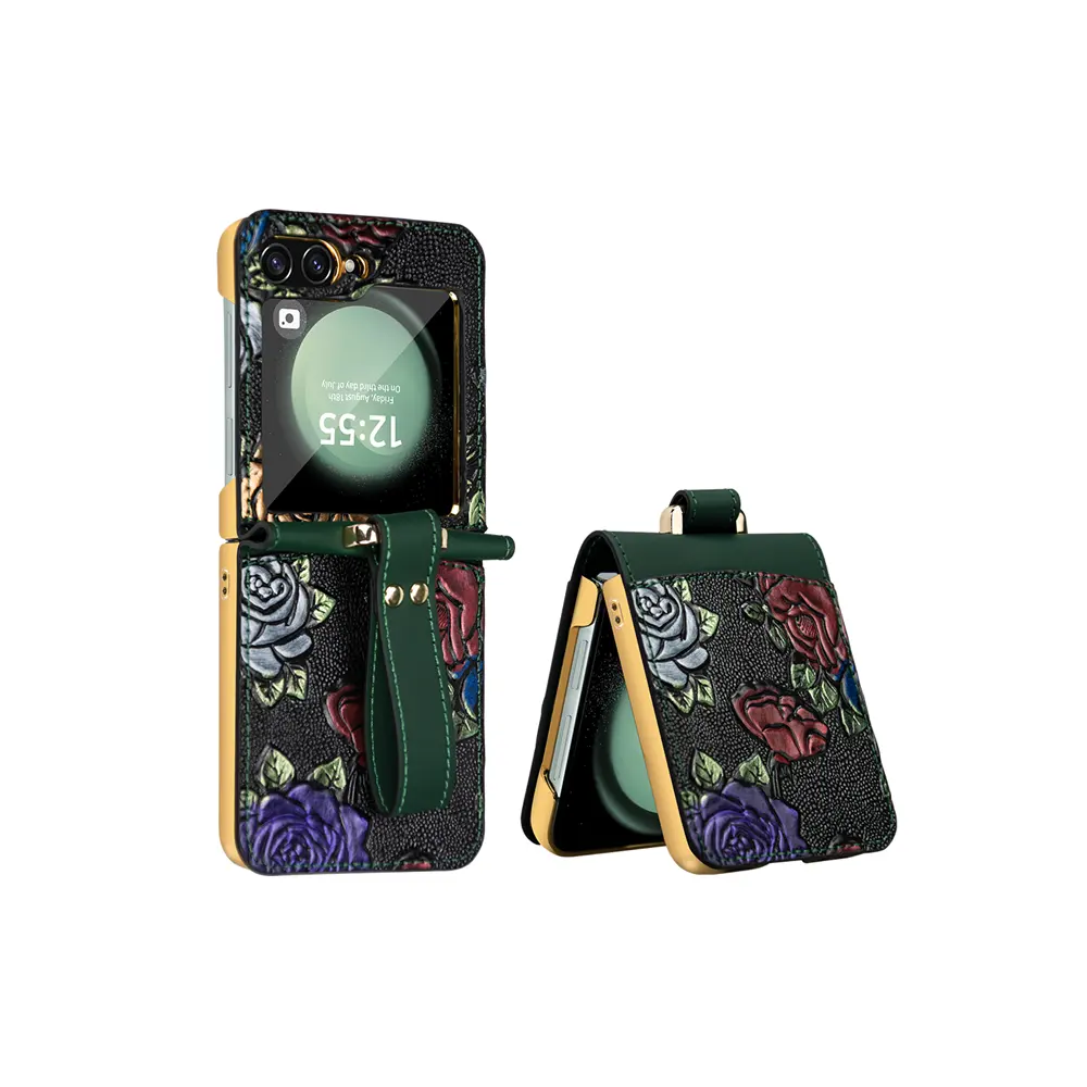 サムスンギャラクシーZFlip5puレザー電話ケース用ストラップ付きの新しいデザインの3Dプリント携帯電話ケース