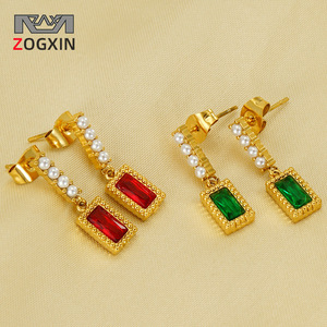 ZOGXIN Drop Earrings Gold Plated Red Green Zircon Pearl Dangle <b>Stud</b> Women's Jewelry Everyday Wear Geometric Design - Product Image 1