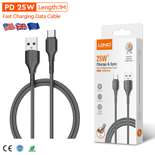 LDNIO LS851 1M/2M Micro Type C Usb Data Cable Sync Quick Mobile Phone Charging Cable PD 25W Fast Charging Cable