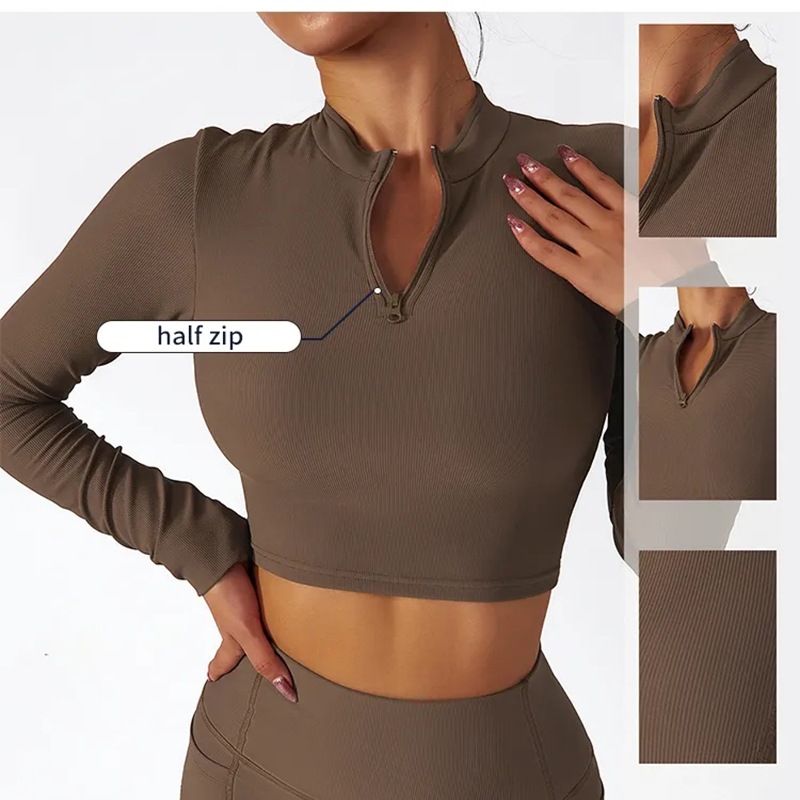 High Quality Custom Logo Front Zip up Crop Top High Neck Yoga Shirts Breathable Tight Long Sleeve Training Fitness Yoga T-shirts