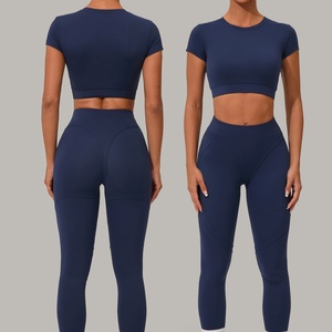 Completo Yoga <span class=keywords><strong>da</strong></span> Donna 2 Pezzi: Top a Maniche Corte con Collo Tondo e <span class=keywords><strong>Leggings</strong></span> a Vita Alta Modellanti Senza Imbottitura - Product Image 1