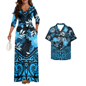 Ropa de pareja de diseño naranja, vestido informal con patrón Floral Hawaiano para mujer, Vestido largo con estampado de hojas para mujer, camisa Aloha para <span class=keywords><strong>hombre</strong></span> - Product Image 3