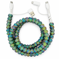 Kabel Charger HP 4 in 1 Hijau Berhias Rhinestone, Kabel USB Type C Multi Charging, Kabel Transfer Data Kristal Warna-warni