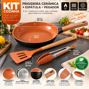 Poêle à frire antiadhésive en céramique orange avec manche en bois et ensemble d'ustensiles (spatule, pinces) - Product Image 3