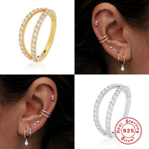 Boucle d'oreille créole double couche en argent sterling S925 avec diamants, style simple et tendance, pour cartilage - Product Image 2