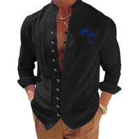 Chemise homme automne à manches longues, col montant, imprimé cocotier, style vintage, coupe ajustée, décontractée, respirante, infroissable, en polyester
