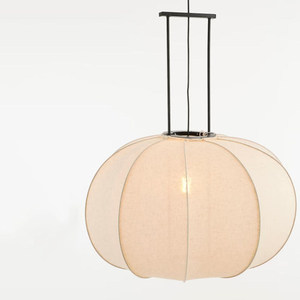 Lustre de style chinois en forme de melon d'hiver, abat-jour en lin, structure en métal noir, luminaire suspendu pour la décoration de salons de thé et de restaurants - Product Image 4