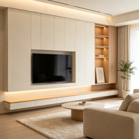 Mueble de TV de suelo a techo blanco de la marca Crafted Direct, con estante doble abierto y LED, para sala de estar japonesa moderna, proyectos personalizados